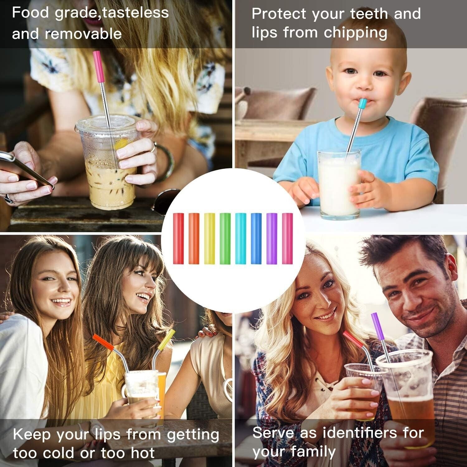 16 Pack Reusable Stainless Steel Straws with Silicone Tips Metal Drinking Straws