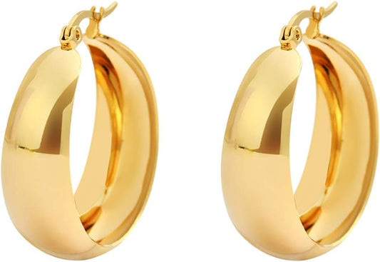 18K Gold Plated Lead-Free Hypoallergenic Wide Large Rounded Hoop Earrings with Click-Top