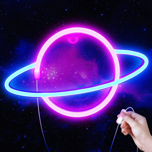 Planet Neon Sign - USB Powered Saturn LED Light with On/Off Switch, Planet Led Sign for Wall Decor - Aesthetic Hanging Saturn Neon Light for Bedroom, Gaming Room