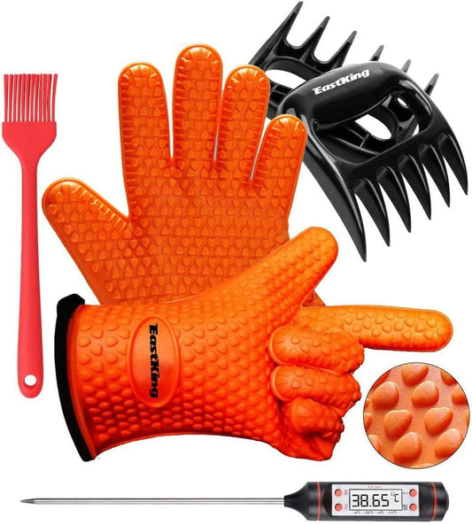 BBQ Gloves/Bbq Claws/Meat Thermometer and Silicone Brush Superior Value Premium Set (4Pcs Set) - Heat Resistant/Non-Slip/Safe/Cooking/Grilling Silicone Gloves for Indoor & Outdoor (Orange)