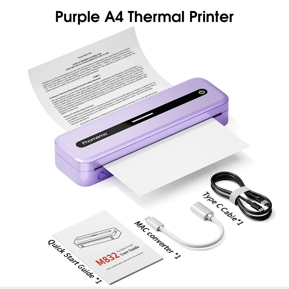 M832 Portable Printer Bluetooth Thermal Tattoo Printer Inkless Support 50/80/110/Letter/A4/A5 Thermal Paper for Mobile