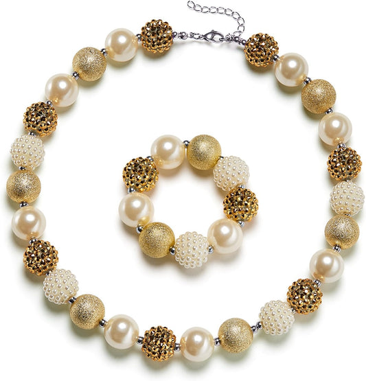 Girls Gold Chunky Bubblegum Beaded Necklace & Bracelet Set as Gifts