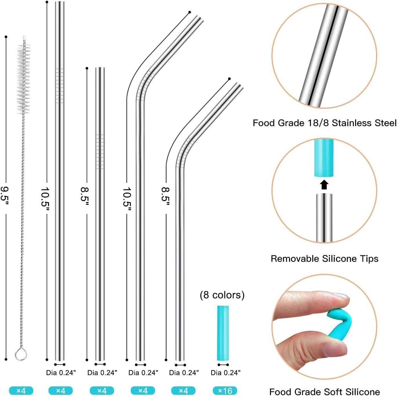 16 Pack Reusable Stainless Steel Straws with Silicone Tips Metal Drinking Straws