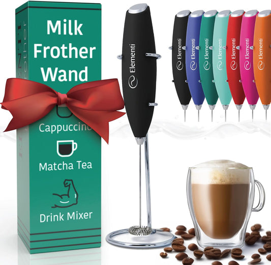 Milk Frother Wand & Drink Mixer with Stand - Powerful Coffee Frother Handheld Coffee Mixer Wand - Hand Held Milk Foamer to Make Perfect Cappuccinos, Lattes & Drink Mixes at Home (Black)