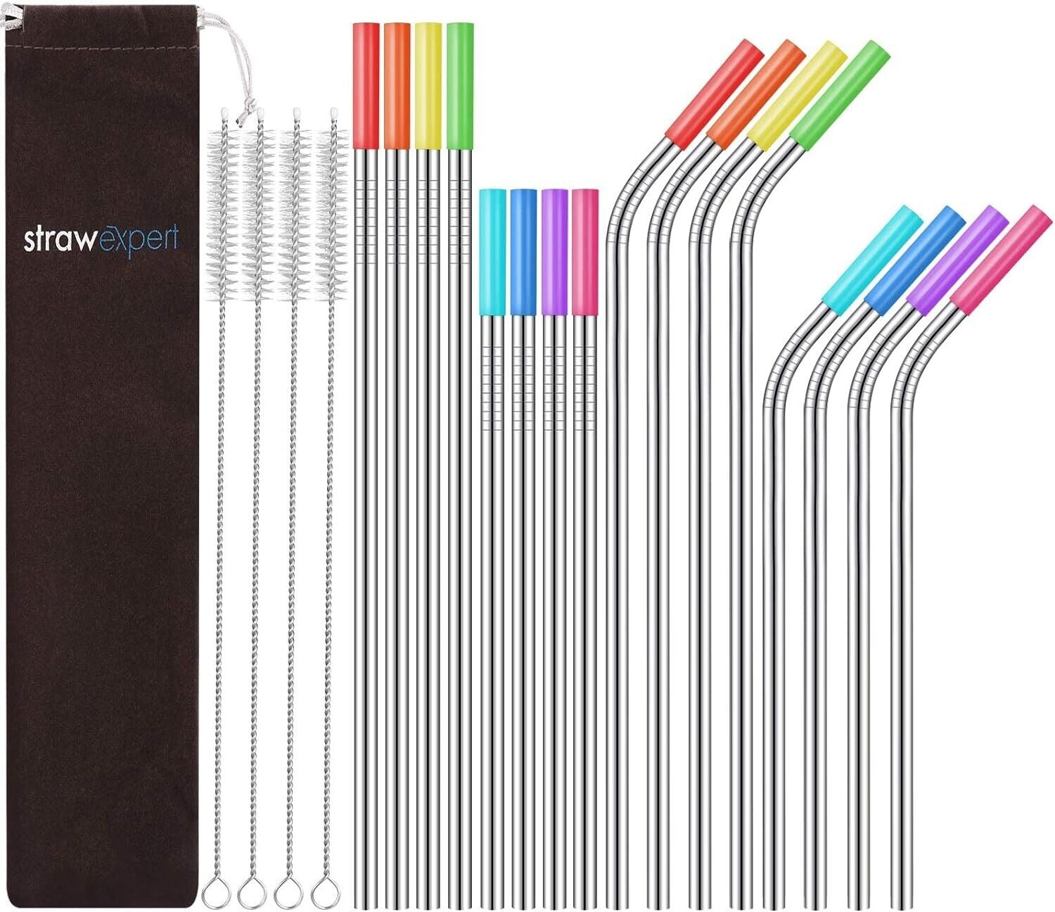 16 Pack Reusable Stainless Steel Straws with Silicone Tips Metal Drinking Straws