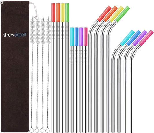 16 Pack Reusable Stainless Steel Straws with Silicone Tips Metal Drinking Straws