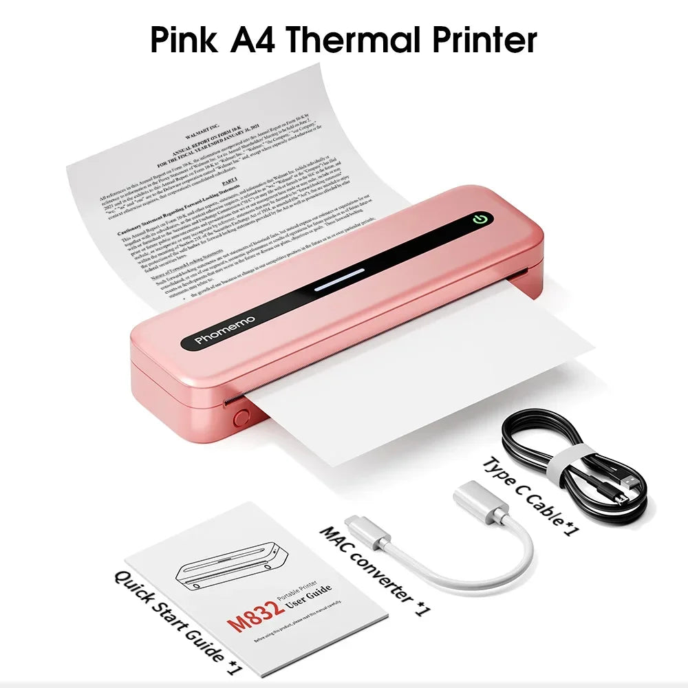 M832 Portable Printer Bluetooth Thermal Tattoo Printer Inkless Support 50/80/110/Letter/A4/A5 Thermal Paper for Mobile