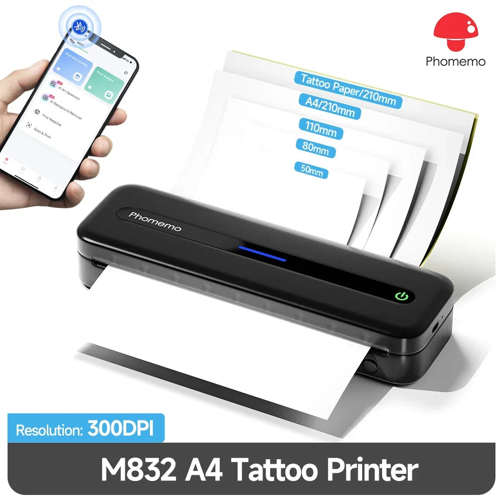 M832 Portable Printer Bluetooth Thermal Tattoo Printer Inkless Support 50/80/110/Letter/A4/A5 Thermal Paper for Mobile