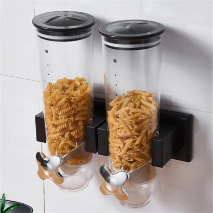 Wall-Mounted 2 Barrel Cereal Dispenser, Food Grain Storage Tanks, Cereal Distributor with 2 Cups, Coffee Beans Rice Container