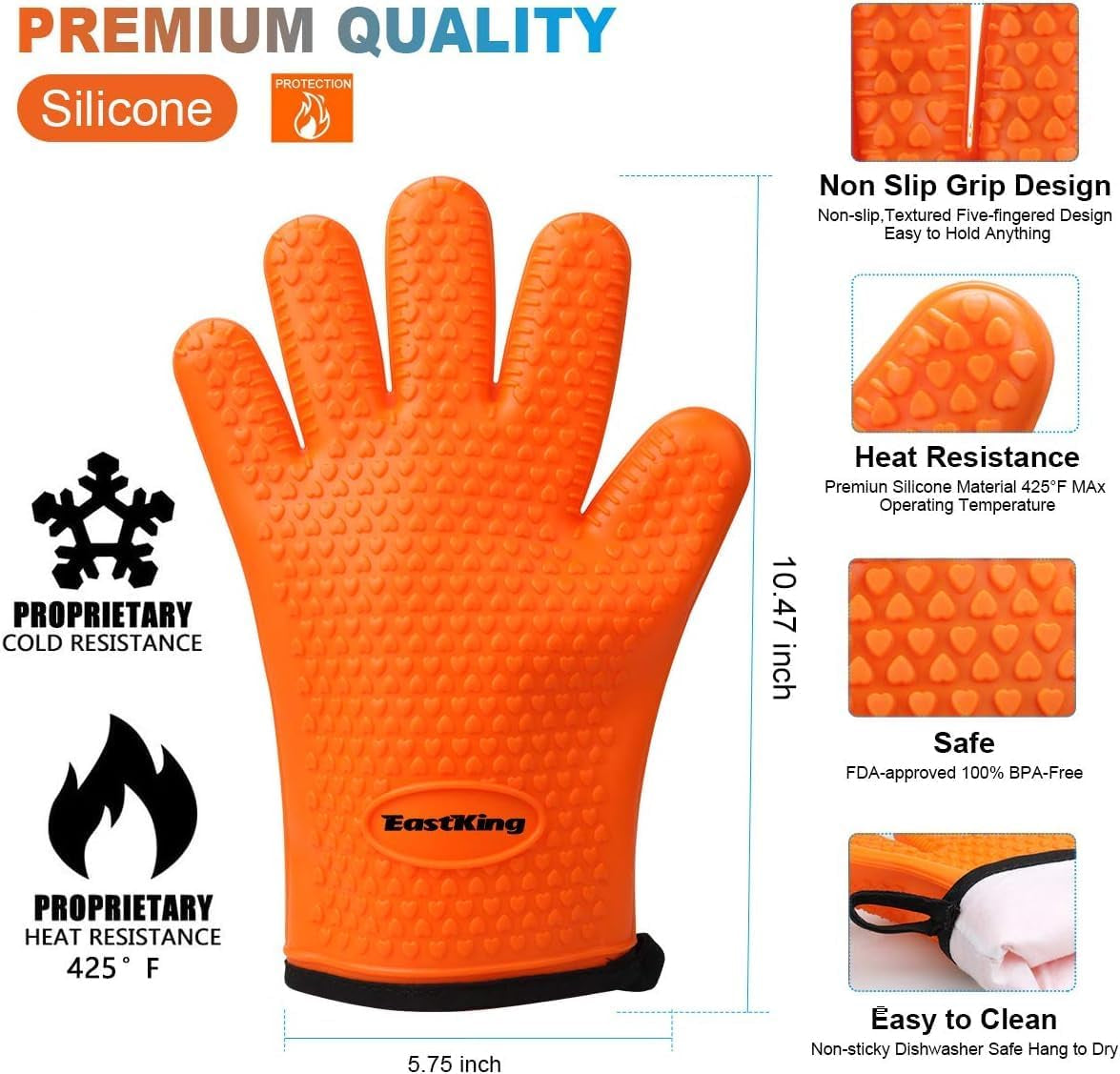 BBQ Gloves/Bbq Claws/Meat Thermometer and Silicone Brush Superior Value Premium Set (4Pcs Set) - Heat Resistant/Non-Slip/Safe/Cooking/Grilling Silicone Gloves for Indoor & Outdoor (Orange)