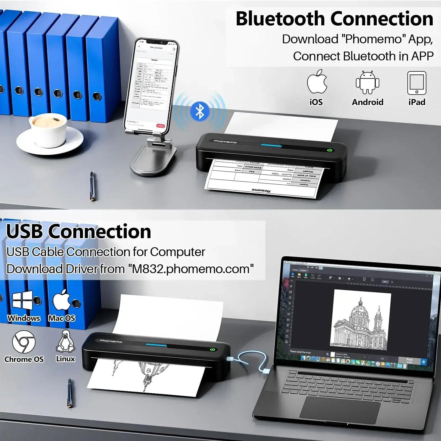 M832 Portable Printer Bluetooth Thermal Tattoo Printer Inkless Support 50/80/110/Letter/A4/A5 Thermal Paper for Mobile