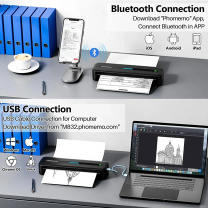 M832 Portable Printer Bluetooth Thermal Tattoo Printer Inkless Support 50/80/110/Letter/A4/A5 Thermal Paper for Mobile