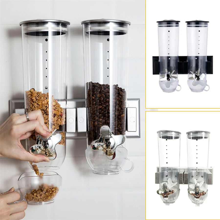 Wall-Mounted 2 Barrel Cereal Dispenser, Food Grain Storage Tanks, Cereal Distributor with 2 Cups, Coffee Beans Rice Container