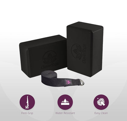 Blocks & Strap - Lighweight Foam Yoga Blocks 2 Pack with 8Ft Cotton Yoga Strap Set Kit for Beginners & Pros, Accessories & Equipment for Women & Men
