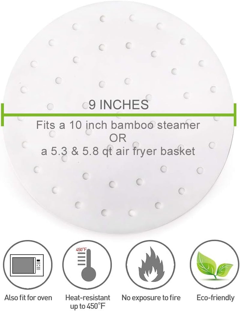 100Pcs Air Fryer Liners,  9 Inch Bamboo Steamer Liners, Premium Perforated Parchment Paper Sheets, Non-Stick Basket Mat, Perfect for 5.3 & 5.8 QT Air Fryers/Steaming/Baking/Cooking
