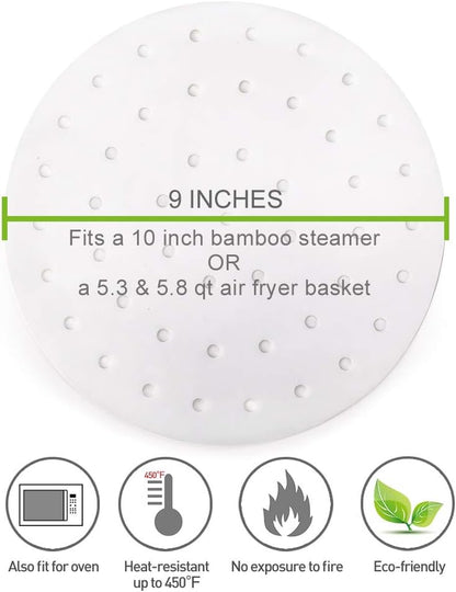100Pcs Air Fryer Liners,  9 Inch Bamboo Steamer Liners, Premium Perforated Parchment Paper Sheets, Non-Stick Basket Mat, Perfect for 5.3 & 5.8 QT Air Fryers/Steaming/Baking/Cooking