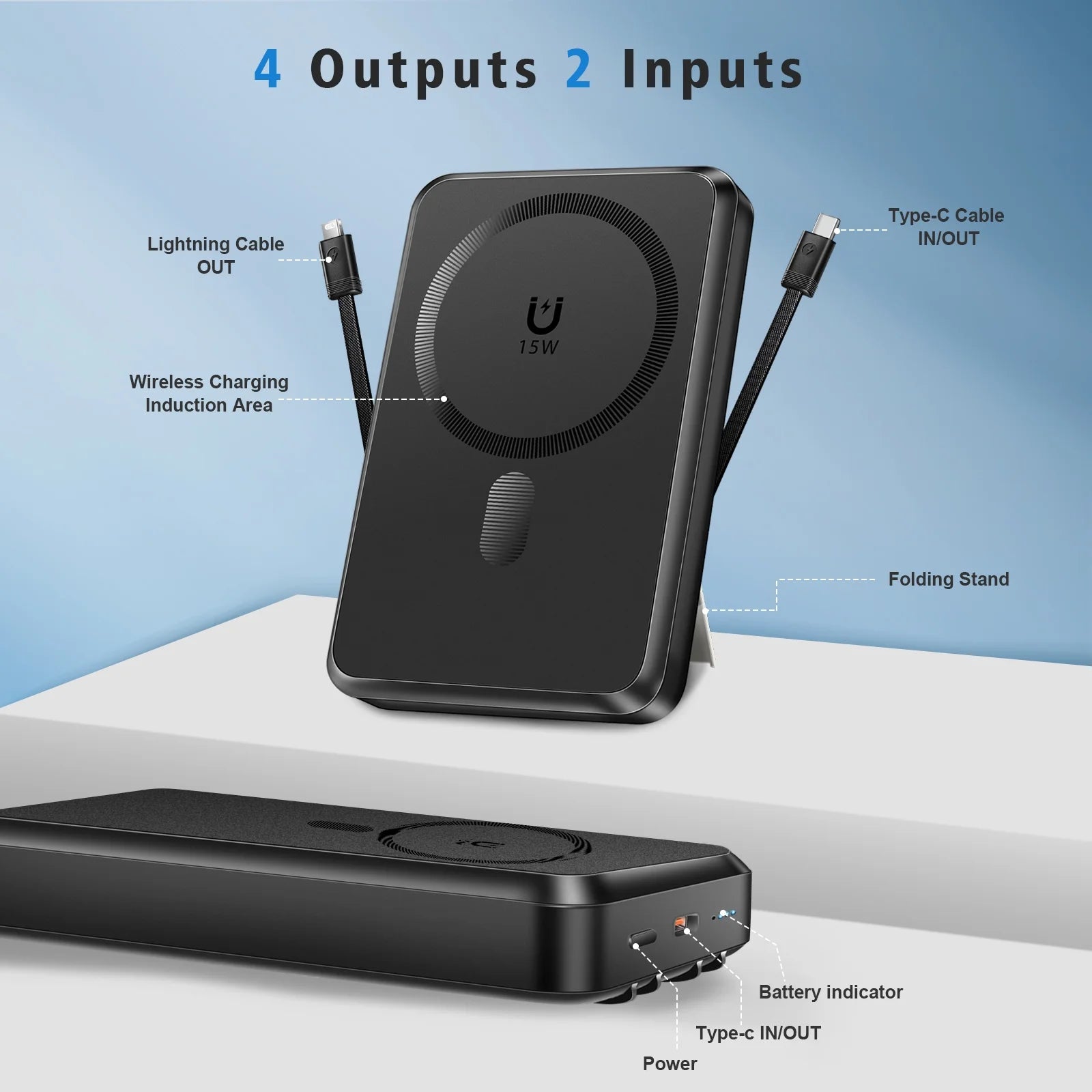 Magnetic Power Bank, 10000Mah Wireless Portable Charger with 22.5W Fast Charging, Magsafe Battery Pack with Built-In USB-C Cable and Adjustable Stand, for Iphone 16/15/14 All Series-Black