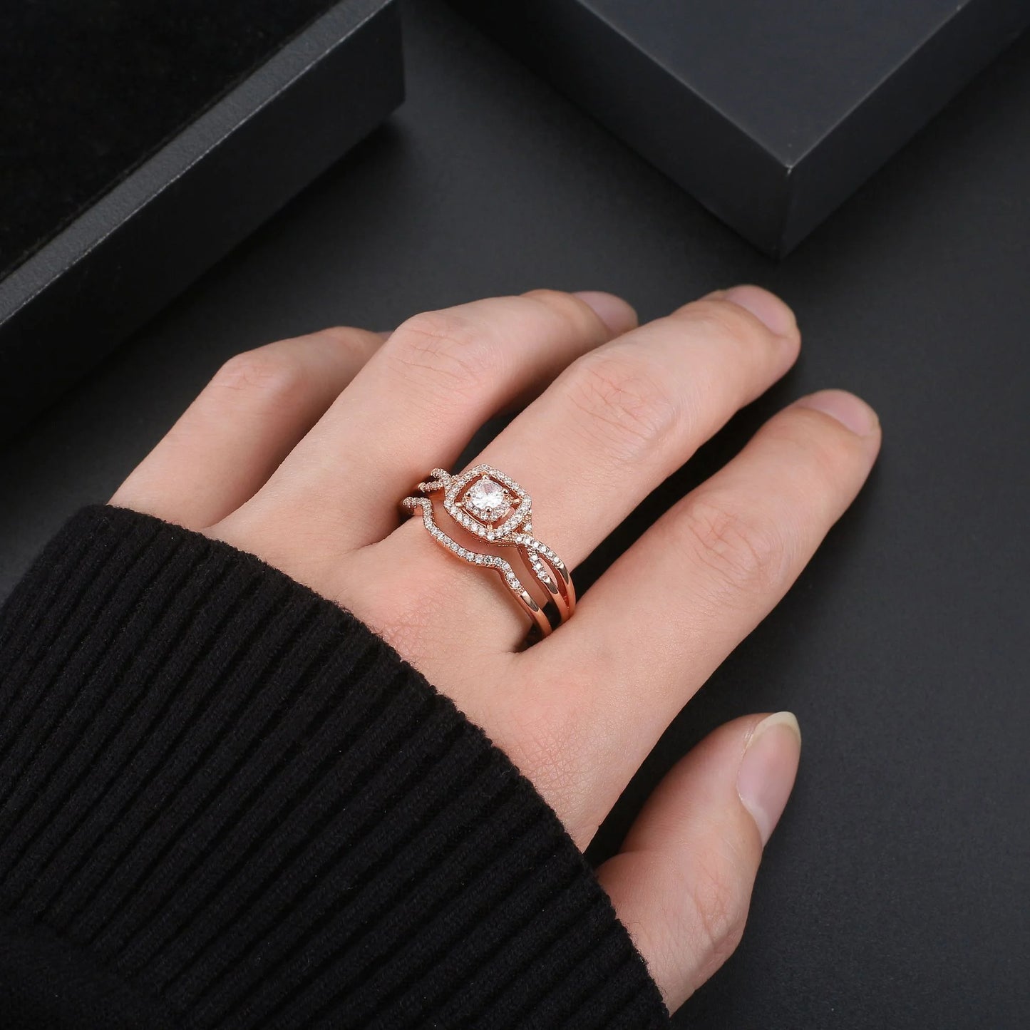 Bridal Set for Women Halo CZ Plated Gold Engagement Rings