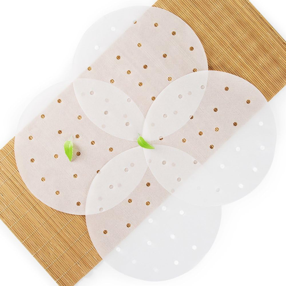 100Pcs Air Fryer Liners,  9 Inch Bamboo Steamer Liners, Premium Perforated Parchment Paper Sheets, Non-Stick Basket Mat, Perfect for 5.3 & 5.8 QT Air Fryers/Steaming/Baking/Cooking