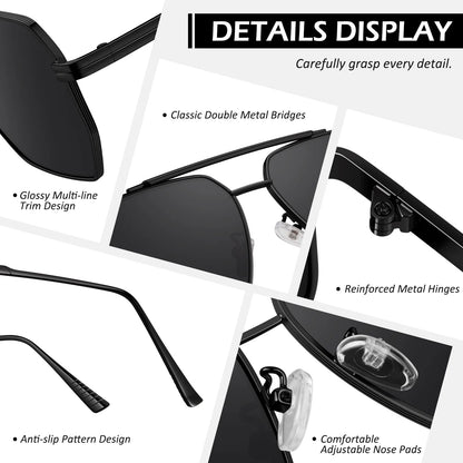 Polarized Pilot Fashion Sunglasses for Men Women Oversized Polygon Retro Metal Square Shade UV400 Protection-2 Pack