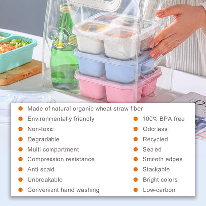 Bento Box for Kids, 4 Pack 3 Compartments Meal Prep Containers Reusable Lunch Containers, Food Storage Containers with Lids, Stackable Snack Boxes for School, Work, and Travel