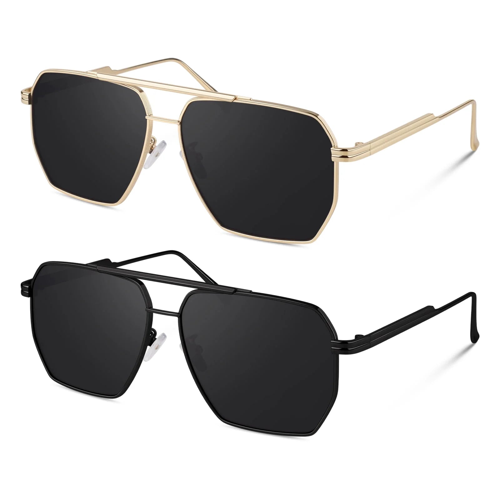 Polarized Pilot Fashion Sunglasses for Men Women Oversized Polygon Retro Metal Square Shade UV400 Protection-2 Pack