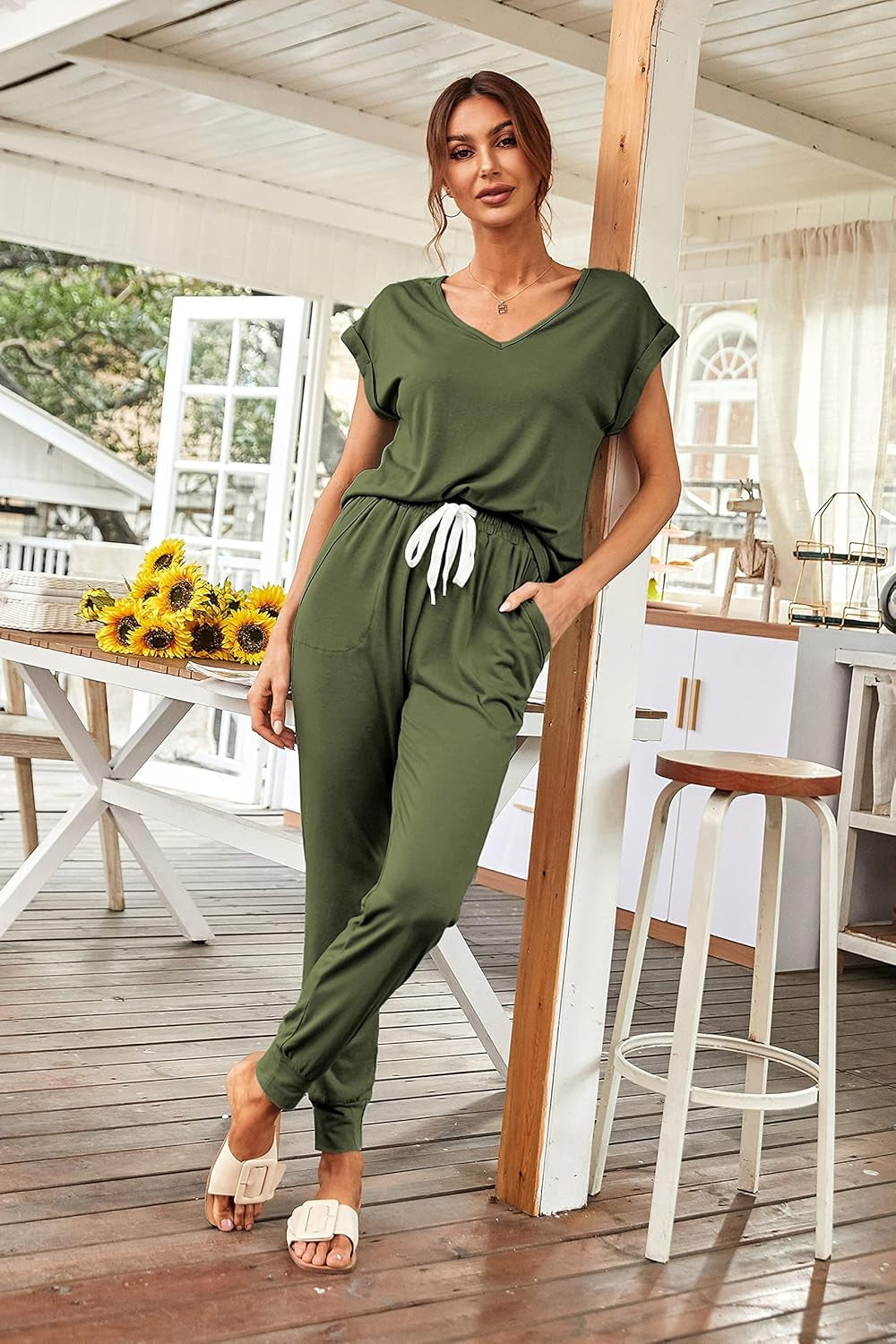 Women'S Two Piece Tracksuit Casual Summer V Neck Short Sleeve Tops Drawstring Jogger Pants Lounge Outfit Sets