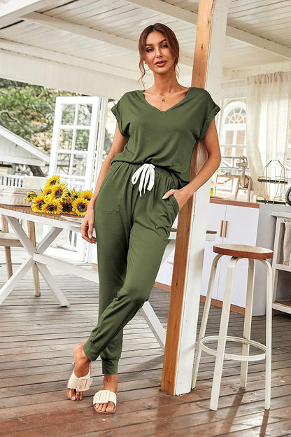 Women'S Two Piece Tracksuit Casual Summer V Neck Short Sleeve Tops Drawstring Jogger Pants Lounge Outfit Sets