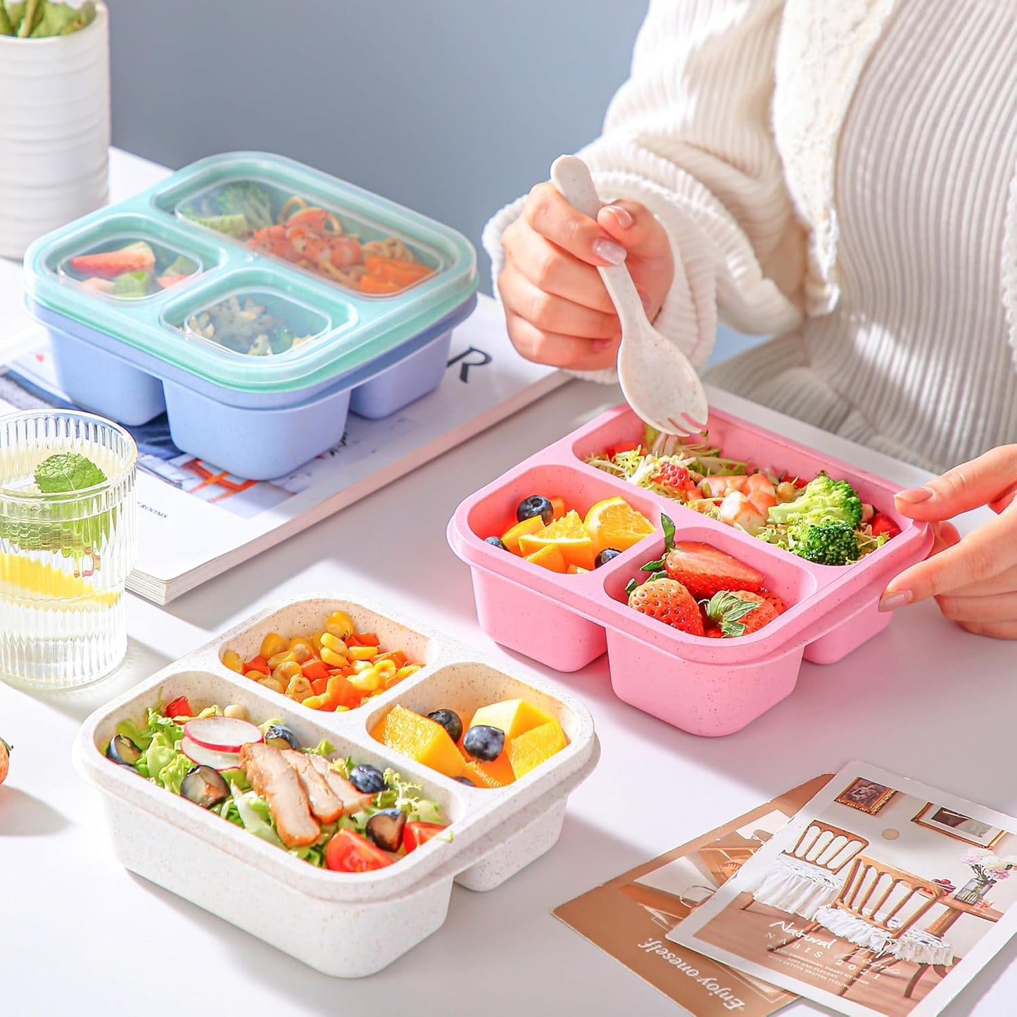 Bento Box for Kids, 4 Pack 3 Compartments Meal Prep Containers Reusable Lunch Containers, Food Storage Containers with Lids, Stackable Snack Boxes for School, Work, and Travel