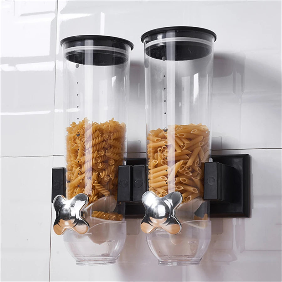 Wall-Mounted 2 Barrel Cereal Dispenser, Food Grain Storage Tanks, Cereal Distributor with 2 Cups, Coffee Beans Rice Container