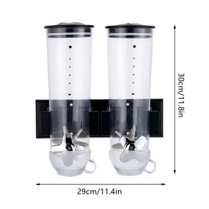 Wall-Mounted 2 Barrel Cereal Dispenser, Food Grain Storage Tanks, Cereal Distributor with 2 Cups, Coffee Beans Rice Container
