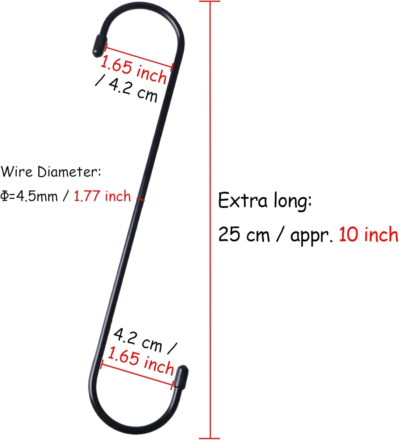6 Pack 10 Inch Extra Long Heavy Duty S Hooks for Hanging Plant, Closet, Flower, Basket, Garden, Patio, Bird Feeder (Black)