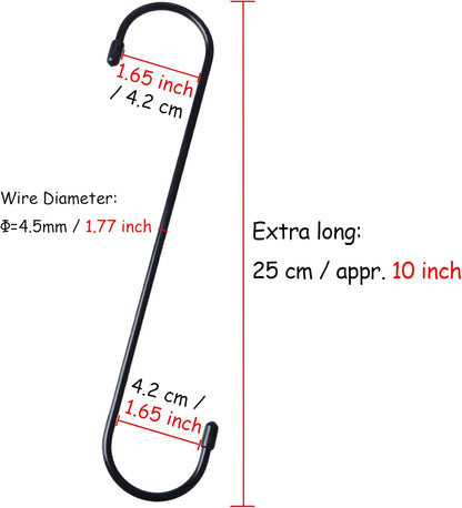 6 Pack 10 Inch Extra Long Heavy Duty S Hooks for Hanging Plant, Closet, Flower, Basket, Garden, Patio, Bird Feeder (Black)