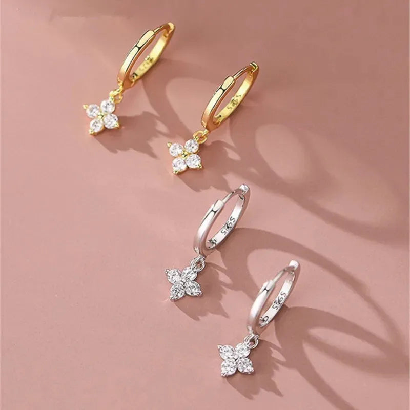 925 Silver Needle Zircon Four Leaf Hoop Earrings for Women Girls Fashion Huggies Party Wedding Jewelry Gift