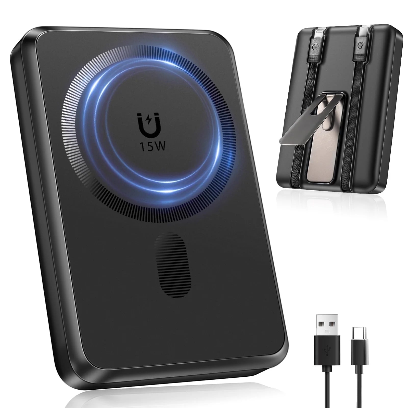 Magnetic Power Bank, 10000Mah Wireless Portable Charger with 22.5W Fast Charging, Magsafe Battery Pack with Built-In USB-C Cable and Adjustable Stand, for Iphone 16/15/14 All Series-Black