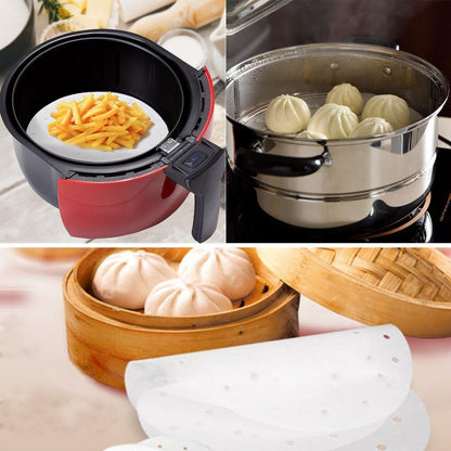 100Pcs Air Fryer Liners,  9 Inch Bamboo Steamer Liners, Premium Perforated Parchment Paper Sheets, Non-Stick Basket Mat, Perfect for 5.3 & 5.8 QT Air Fryers/Steaming/Baking/Cooking