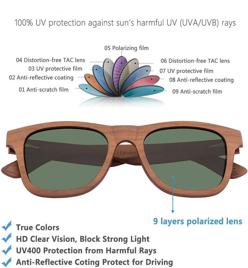 Polarized Wood Sunglasses Men, Wooden Bamboo Sunglasses for Women