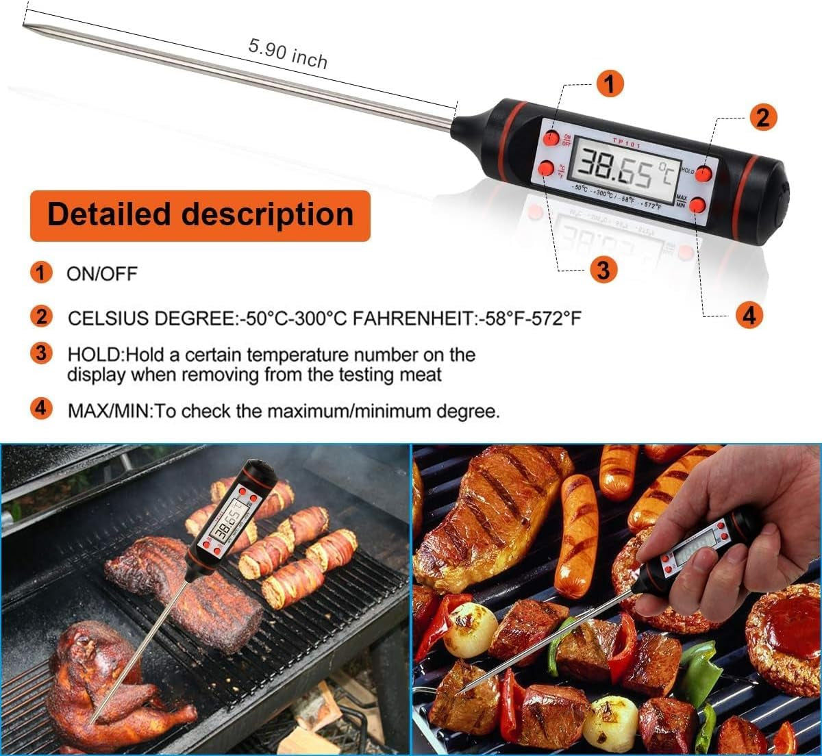 BBQ Gloves/Bbq Claws/Meat Thermometer and Silicone Brush Superior Value Premium Set (4Pcs Set) - Heat Resistant/Non-Slip/Safe/Cooking/Grilling Silicone Gloves for Indoor & Outdoor (Orange)