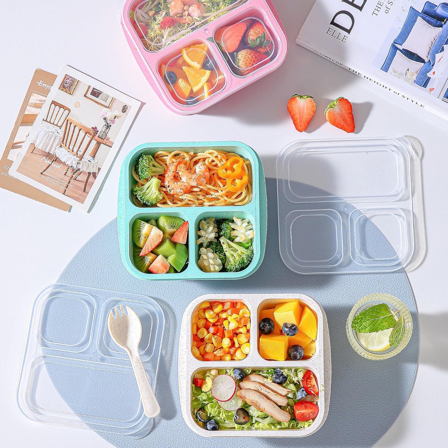 Bento Box for Kids, 4 Pack 3 Compartments Meal Prep Containers Reusable Lunch Containers, Food Storage Containers with Lids, Stackable Snack Boxes for School, Work, and Travel