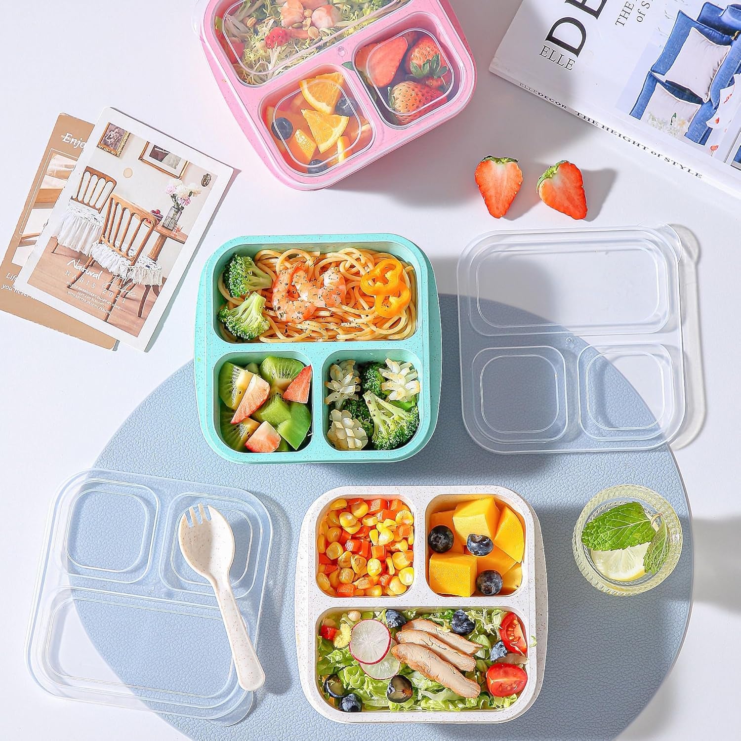 Bento Box for Kids, 4 Pack 3 Compartments Meal Prep Containers Reusable Lunch Containers, Food Storage Containers with Lids, Stackable Snack Boxes for School, Work, and Travel