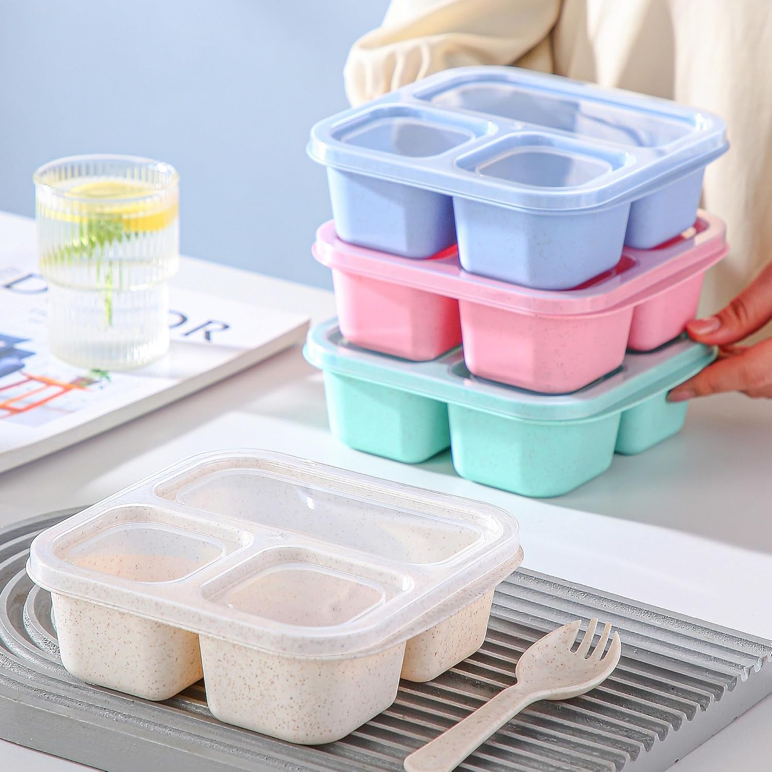 Bento Box for Kids, 4 Pack 3 Compartments Meal Prep Containers Reusable Lunch Containers, Food Storage Containers with Lids, Stackable Snack Boxes for School, Work, and Travel