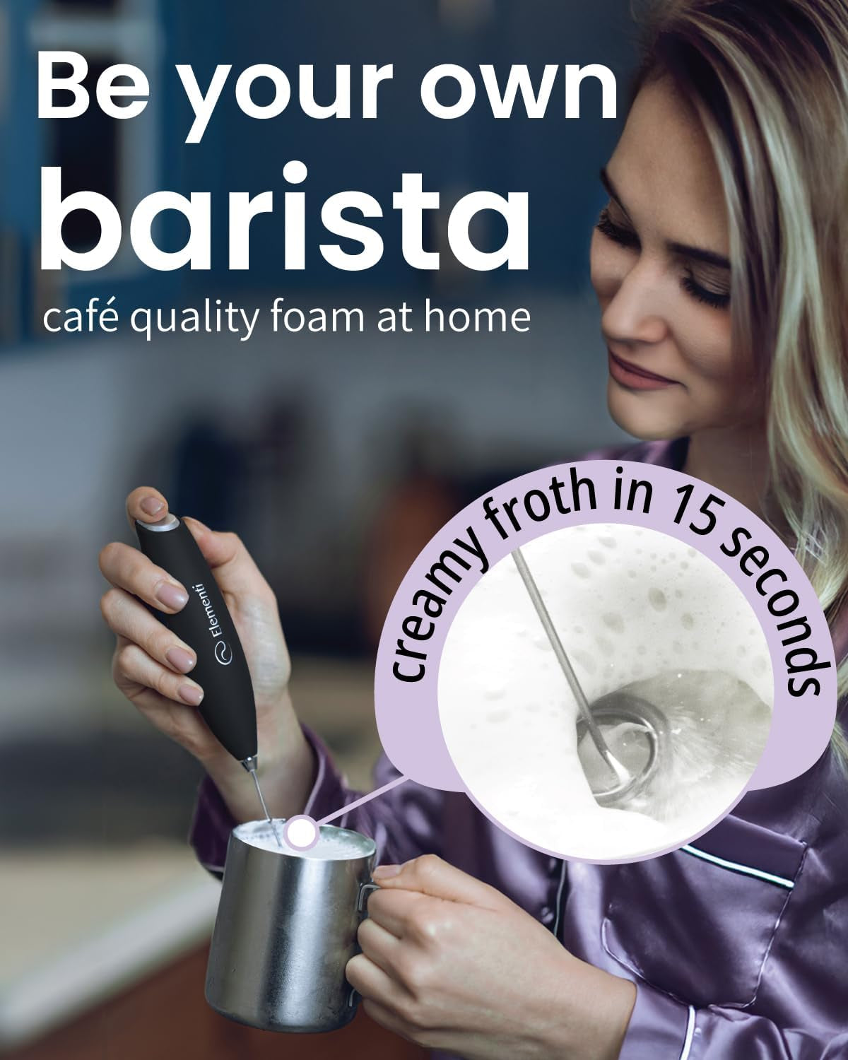 Milk Frother Wand & Drink Mixer with Stand - Powerful Coffee Frother Handheld Coffee Mixer Wand - Hand Held Milk Foamer to Make Perfect Cappuccinos, Lattes & Drink Mixes at Home (Black)
