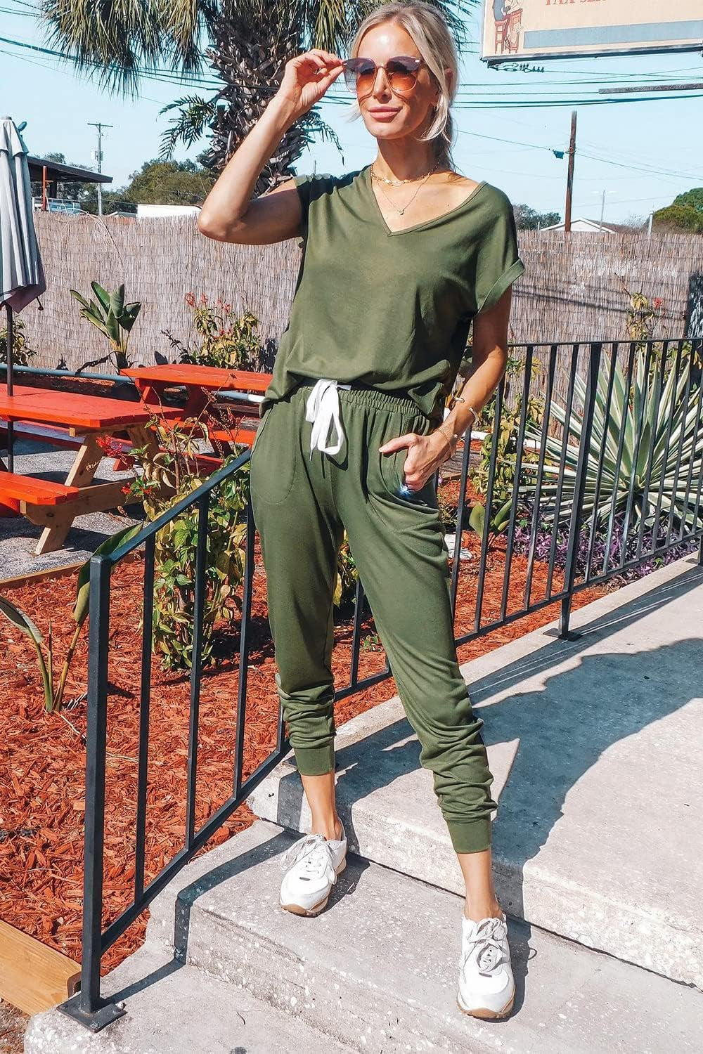 Women'S Two Piece Tracksuit Casual Summer V Neck Short Sleeve Tops Drawstring Jogger Pants Lounge Outfit Sets