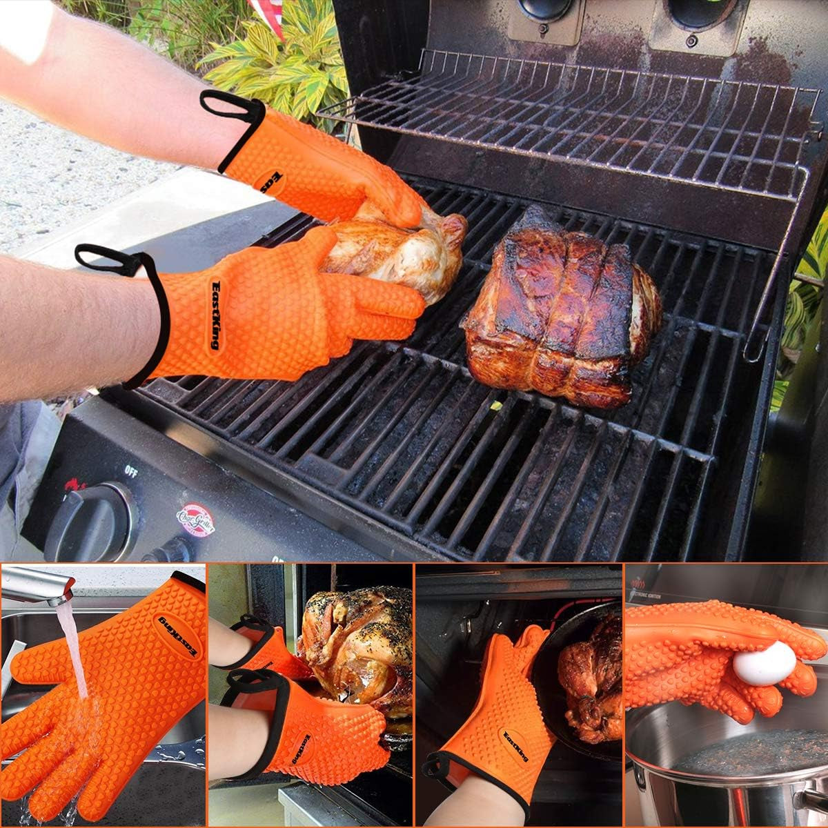 BBQ Gloves/Bbq Claws/Meat Thermometer and Silicone Brush Superior Value Premium Set (4Pcs Set) - Heat Resistant/Non-Slip/Safe/Cooking/Grilling Silicone Gloves for Indoor & Outdoor (Orange)