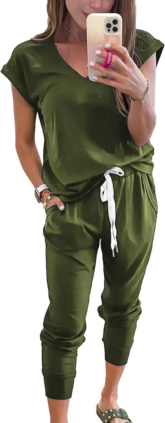 Women'S Two Piece Tracksuit Casual Summer V Neck Short Sleeve Tops Drawstring Jogger Pants Lounge Outfit Sets