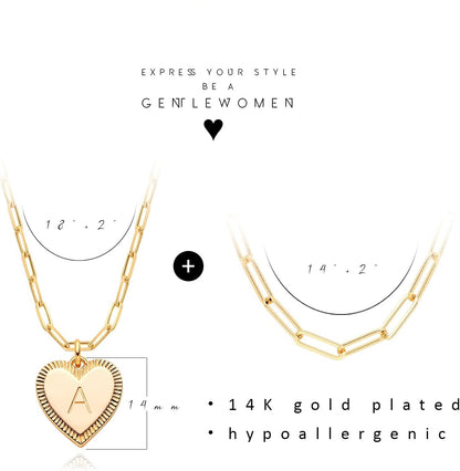 Gold Heart Necklace for Women Layered Initial Pendant Necklace Paperclip Gold Chain Aesthetic Jewelry Personalized 14K Gold Plated Necklaces