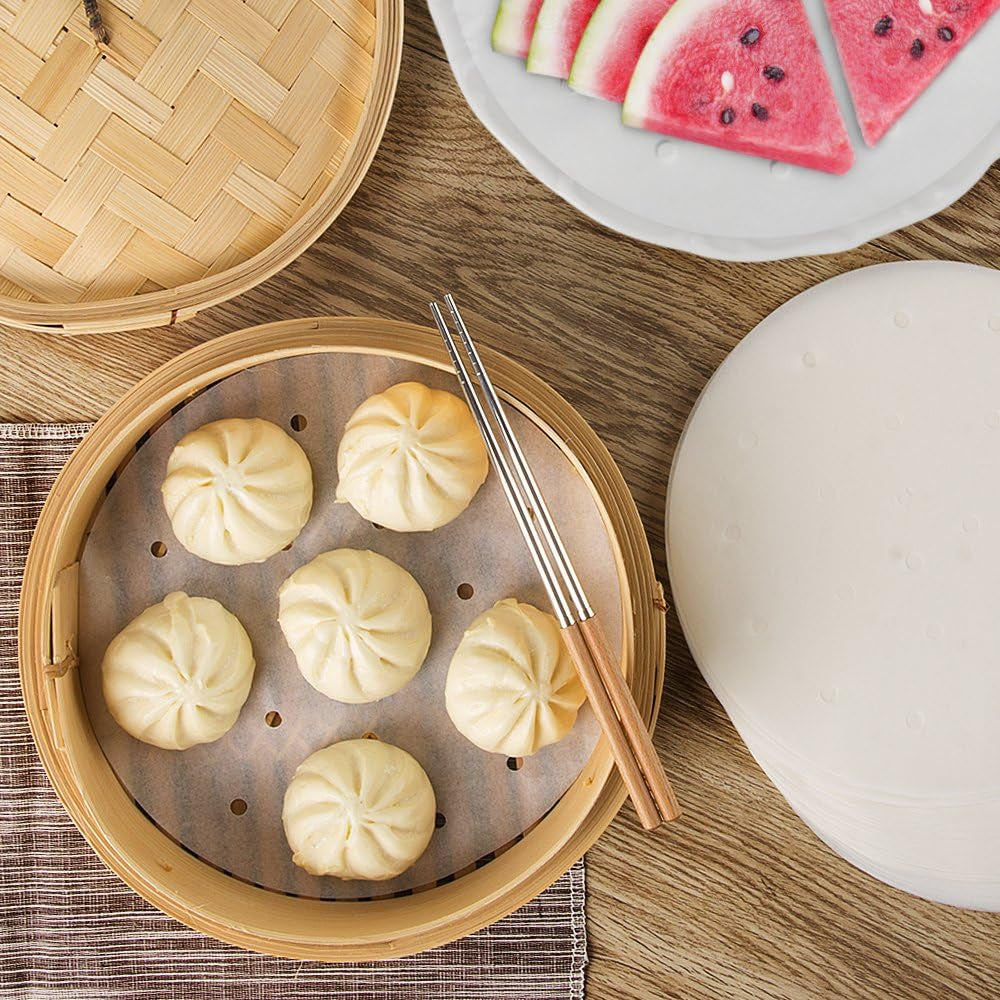 100Pcs Air Fryer Liners,  9 Inch Bamboo Steamer Liners, Premium Perforated Parchment Paper Sheets, Non-Stick Basket Mat, Perfect for 5.3 & 5.8 QT Air Fryers/Steaming/Baking/Cooking