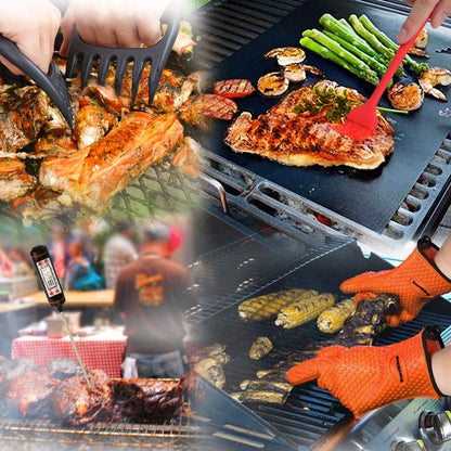 BBQ Gloves/Bbq Claws/Meat Thermometer and Silicone Brush Superior Value Premium Set (4Pcs Set) - Heat Resistant/Non-Slip/Safe/Cooking/Grilling Silicone Gloves for Indoor & Outdoor (Orange)