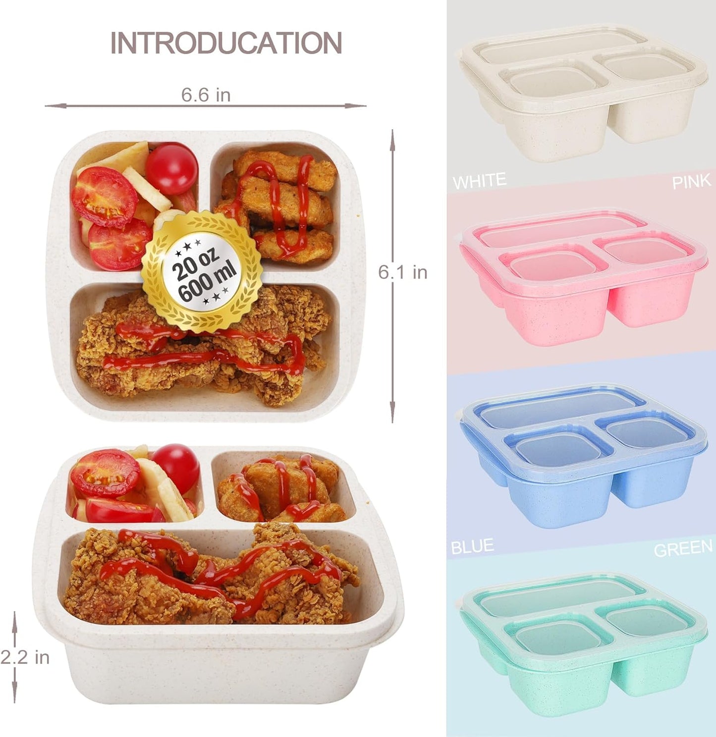 Bento Box for Kids, 4 Pack 3 Compartments Meal Prep Containers Reusable Lunch Containers, Food Storage Containers with Lids, Stackable Snack Boxes for School, Work, and Travel