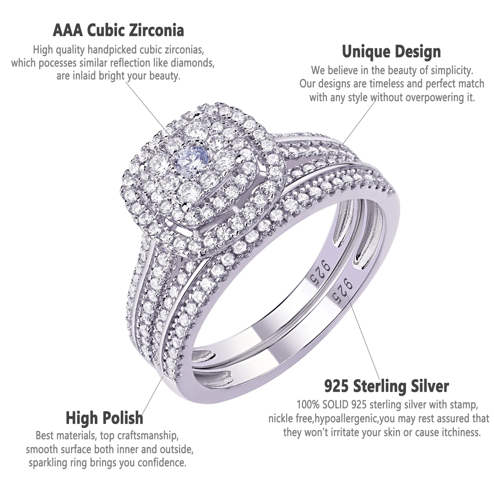 Newshe Engagement Rings for Women Wedding Ring Set 925 Sterling Silver Band round Cz 1.6Ct Size 9